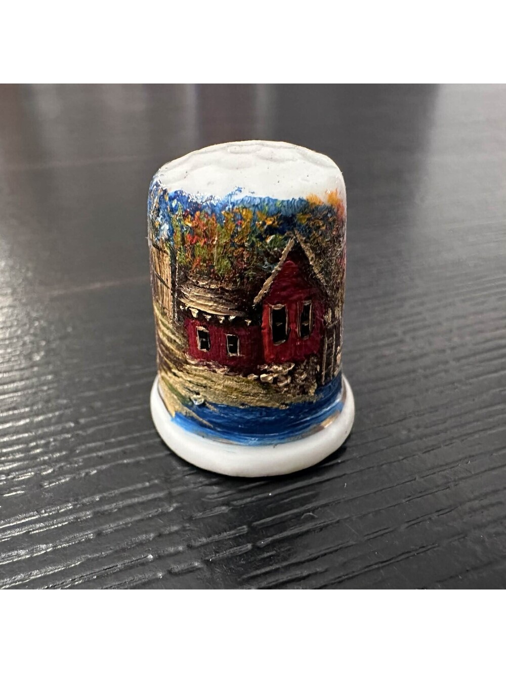 Vintage Hand Painted Cabin Landscape Red Cottage Thimble Artist Signed EUC